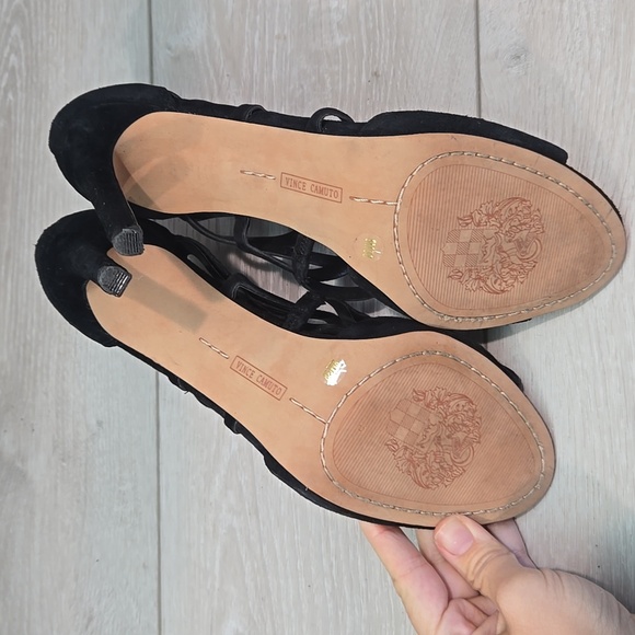 Vince Camuto Women Black Suede Strappy Heels Open Pump Toe Shoes Sz 8M - Picture 10 of 12